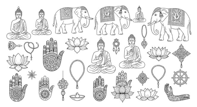 Spiritual hand drawn icons of buddha statues, sacred indian elephants, ornate hamsa hands, and complex mandala patterns for meditation art.