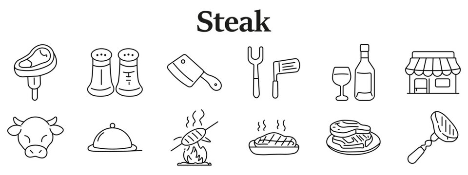 Steak cooking set icon. Line icons depict meat cut, salt pepper shakers, chopping board cleaver, carving fork knife, wine bottle glass, restaurant shop, cow head, serving cloche