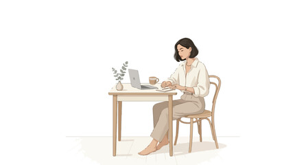 Fototapeta premium Minimalist illustration of a woman working at a desk with a laptop and notebook in a calm, modern home office, vogue style, creating a serene and productive atmosphere for remote work or study