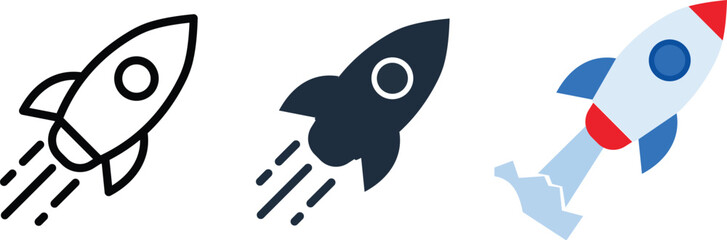 Rocket ship icon set in three styles, minimalist spaceship launch vector graphics, business startup and growth concept symbols for web design © Asad