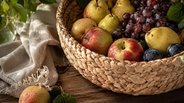 Slow sustainable living woven basket of fresh apples pear grape plum fruit with linen rustic wooden table evoking warm natural comfort and cozy home