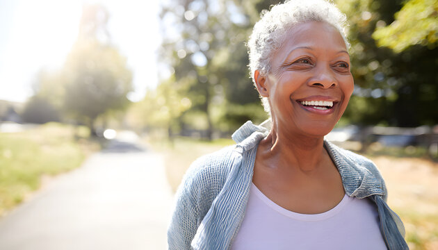A joyful journey takes place when an active senior woman smiles radiantly while walking along a park pathway on a beautiful day and embraces a healthy lifestyle.