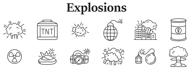 Explosions set icon. Line icons depict blast cloud, TNT box, spark burst, grenade, meteor strike, city explosion, hazard barrel, radiation sign, detonator, dynamite, bomb fuse, nuclear mushroom cloud © Кирилл Макаров