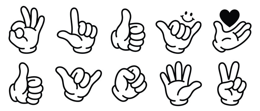 Cartoon hand gesture icon set with glove signs in outline style, retro comic white glove sticker collection for emoji and social media use
