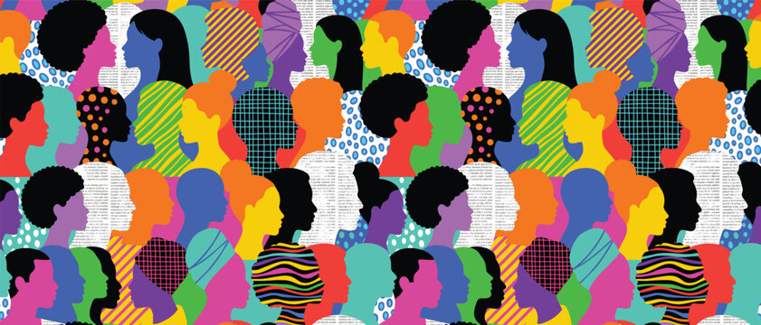 Diverse people silhouette seamless pattern vector with colorful geometric print and newspaper texture, multicultural crowd style for social and editorial design
