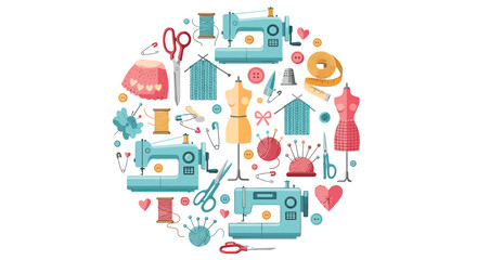 Fototapeta premium Artistic circular arrangement of sewing icons including machines mannequins scissors threads and knitting tools for craft and fashion themes.