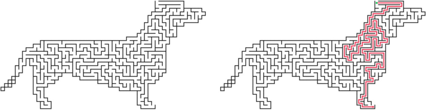 Dachshund shaped maze with solution. Black and white flat vector labyrinth, simple logic puzzle game for kids and adults