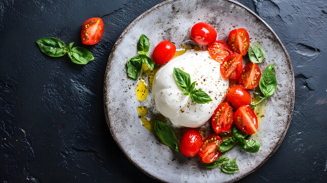 A rustic plate features fresh burrata cheese, cherry tomatoes, basil, and olive oil while being photographed from above with a dark slate background. It's perfect for Italian cuisine and healthy lifes
