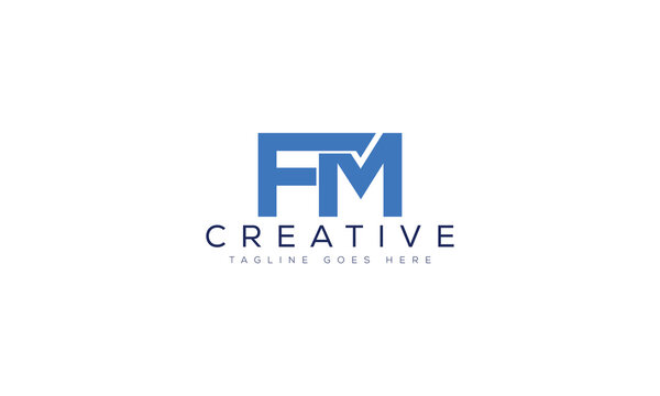 Blue abstract letter fm logo design with upward trend line on white background