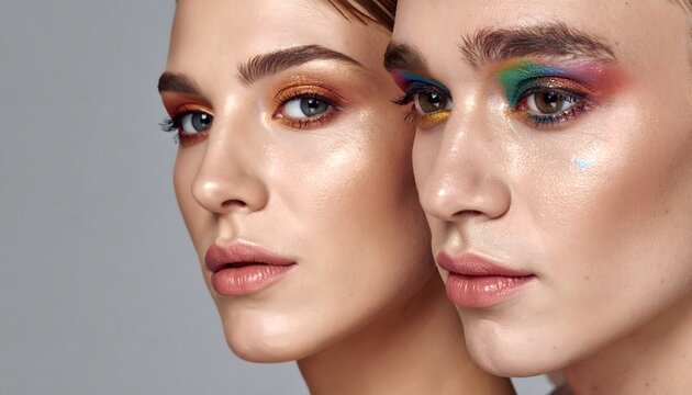 Primer plano de dos rostros con maquillaje art&iacute;stico de colores sobre fondo gris en estilo belleza editorial