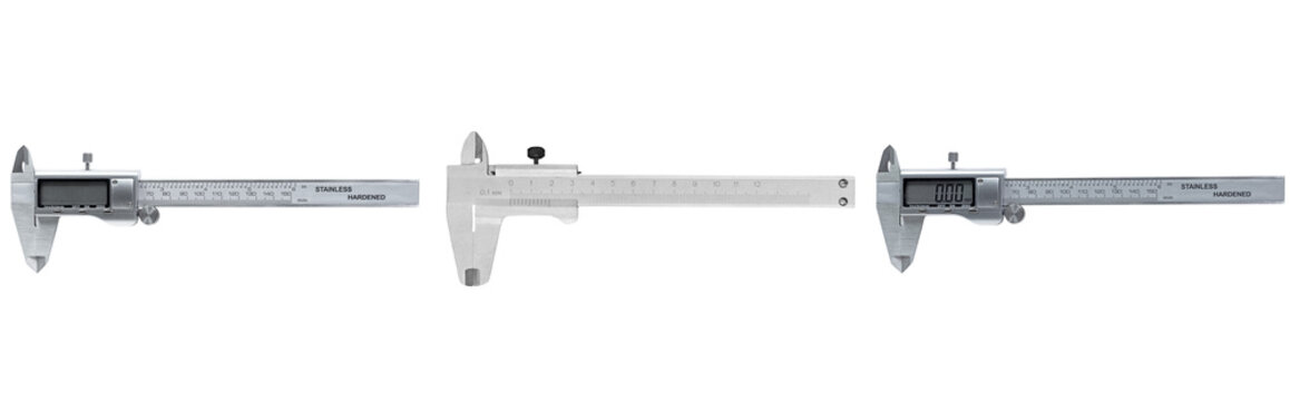 Three digital and analog calipers isolated on transparent background
