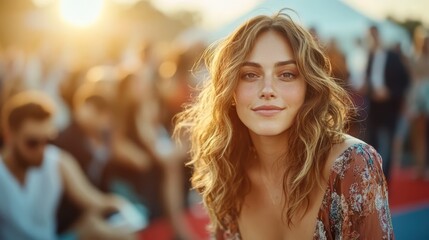 Obraz premium A stunning woman with wavy hair gazes at the camera with a gentle smile, illuminated by warm daylight, creating an inviting and joyful atmosphere in an outdoor setting.