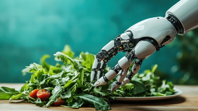 A futuristic robot hand reaches out to pick fresh salad greens, showcasing the intersection of technology and healthy eating in a modern culinary landscape.