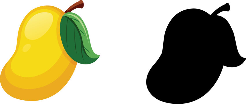 Cartoon Yellow Mango Fruit with Green Leaf and Black Silhouette Shadow Shape Isolated on White Background
