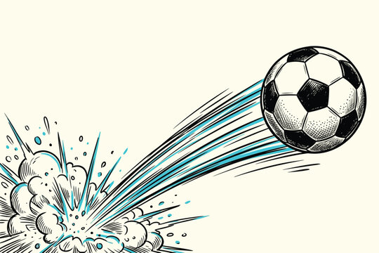 Hand drawn soccer ball with speed effect and explosion graphic moving fast across background.