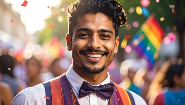Hombre joven sonriendo en una celebraci&oacute;n del orgullo con bandera arco&iacute;ris desenfocada al fondo