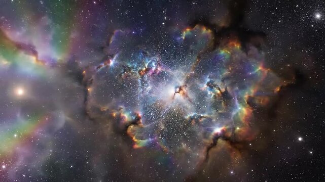 Expansive cosmic nebula with vibrant rainbow hues and shimmering star patterns illuminating the universe