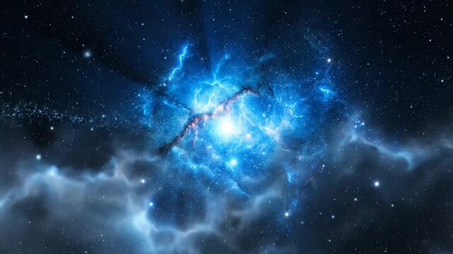 Vibrant cosmic nebula with luminous blue gas clouds and sparkling stars sweeping across the galaxy
