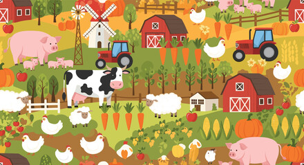 Fototapeta premium Seamless pattern of a farm landscape with domestic animals like cows pigs and chickens alongside tractors and red barns.