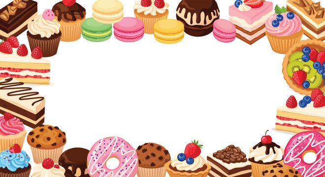 Decorative frame made of delicious sweet treats including colorful cupcakes macarons donuts and fruit tarts on white.