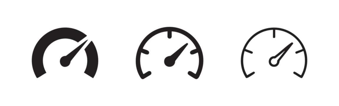 Speedometer or gauge icon set showing speed or performance, black silhouette and outline versions