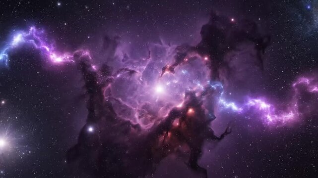 Vivid cosmic nebulae showcasing vibrant purple and pink hues with sparkling stars and intricate gaseous formations in deep space