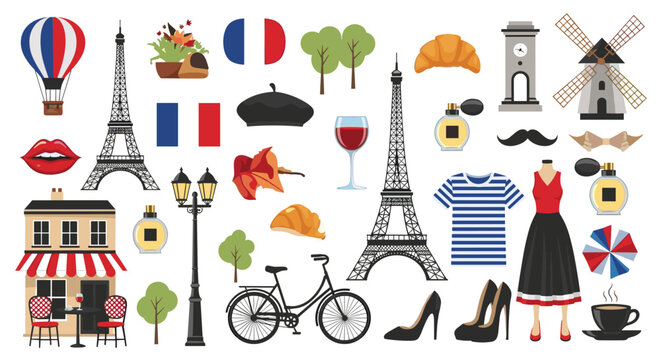 Set of travel icons related to france and paris including the eiffel tower croissants wine and fashion accessories.
