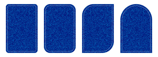 Fototapeta premium Blue denim fabric stitched patch and label vector set
