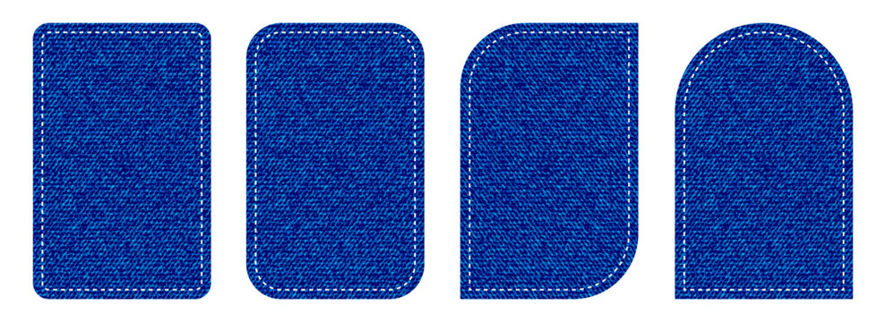 Blue denim fabric stitched patch and label vector set
