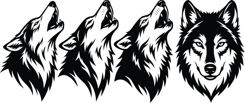 Wolf head silhouettes howling black and white vector illustration