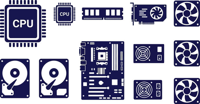 computer hardware icons set cpu hard drive and cooling fans