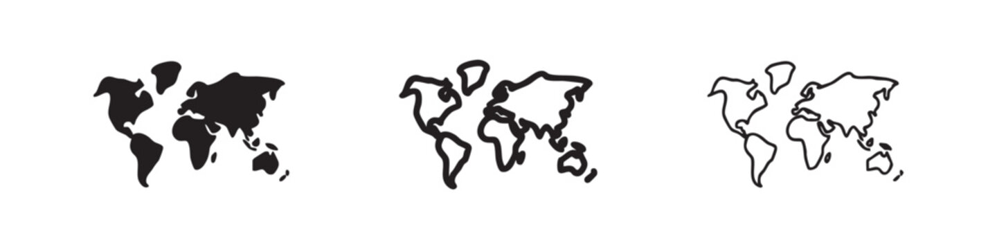 World Map Icon Set, Vector Illustration of Earth Continents for Travel and Global Business