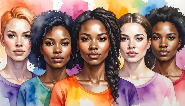 Ilustraci&oacute;n de cinco mujeres diversas con fondo colorido en estilo art&iacute;stico e inclusivo