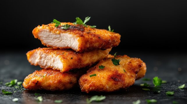Delicious golden chicken fillets are artistically stacked on a dark textured surface, garnished with fresh herbs, highlighting a mouthwatering culinary appeal for food lovers.