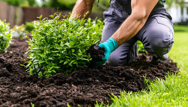 A new garden bed with healthy plants and grass shows great landscaping care, and the landscaper added dark mulch around them.