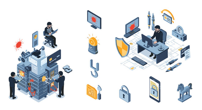 Cyber security and hacking concept icons set showing hackers attacking servers and protective measures like firewalls and locks.