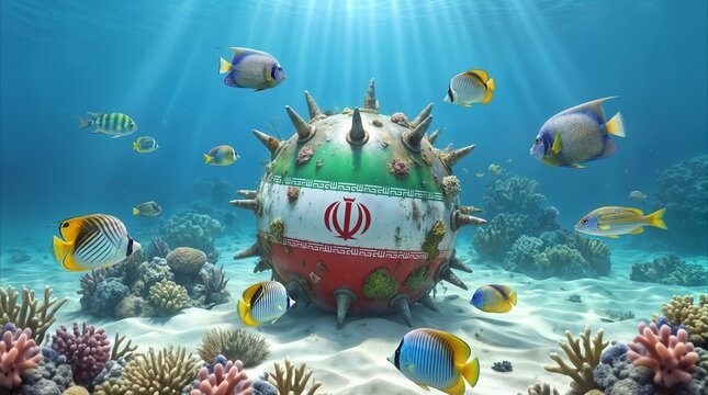 Spherical explosive device painted with Iranian flag colors resting on sandy seabed. Colorful tropical fish swim around spiked naval mine near coral reef. Conceptual depiction of maritime conflict