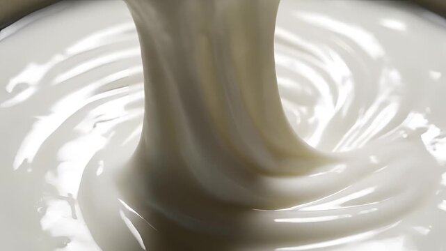 Closeup of creamy white yogurt being stirred with a spoon.