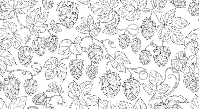 Seamless botanical pattern of hop cones and leaves in black and white hand drawn style for craft beer and brewery branding.