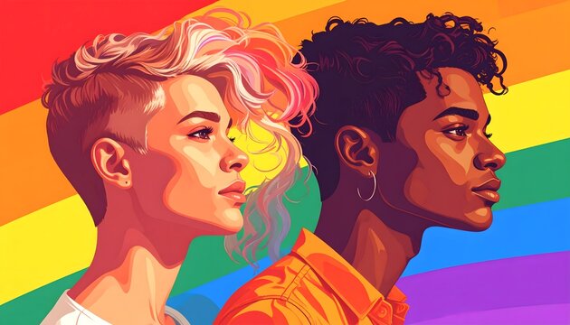 Ilustraci&oacute;n de dos personas de perfil sobre fondo arco&iacute;ris con estilo moderno e inclusivo