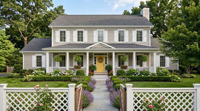 Charming colonial home with a bright yellow door and lush landscaping