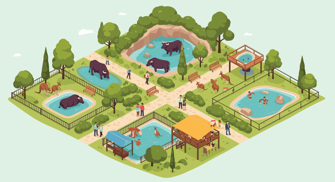 Isometric zoo layout illustration showing animal enclosures for buffalos and kangaroos with visitors walking on paths.