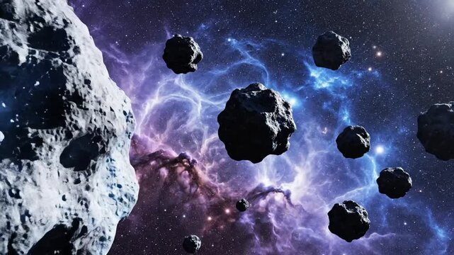 A Dynamic Cosmic Scene Depicting Asteroids and Nebulae in Deep Space with Vibrant Electric Colors