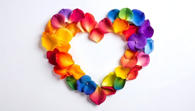 Coraz&oacute;n formado con p&eacute;talos de flores multicolor sobre fondo blanco