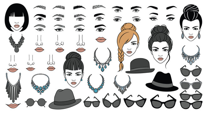 Fashion creator kit with diverse female faces hairstyles hats jewelry and sunglasses for character design.