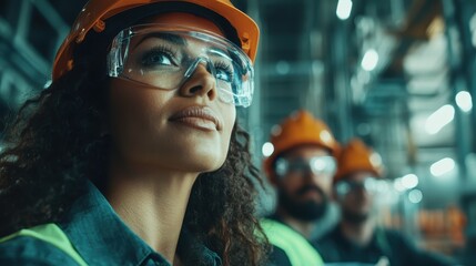 Obraz premium A confident young woman in safety gear stands assertively among colleagues in an industrial setting, showcasing empowerment and professionalism in the workplace.