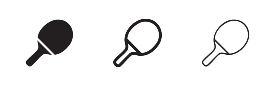 Three icons of a ping pong paddle: solid, outlined, and minimalist line art.