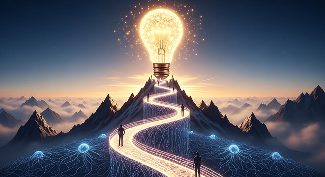 Visionary spark ascends majestic mountain peak via glowing trail symbolizing business innovation, creative growth, success, and conceptual realization in a conceptual landscape at night.