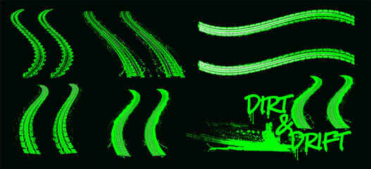 Green neon tire tracks vector set on black background. Grunge dirty wheel prints and drift race elements illustration © sergray(noAIelemens)