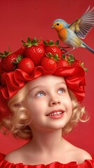 Fototapeta premium Child wearing a whimsical hat decorated with fresh strawberries while a small bird perches on top. Surreal artistic portrait of a smiling girl with blue eyes against a red background.